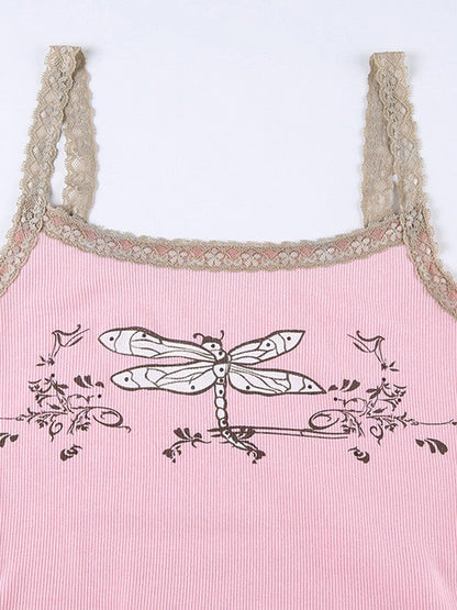 Lace Trim Printed Ribbed Crop Cami Top