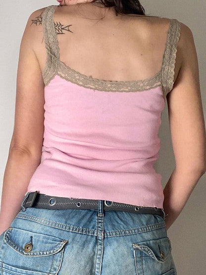 Lace Trim Printed Ribbed Crop Cami Top