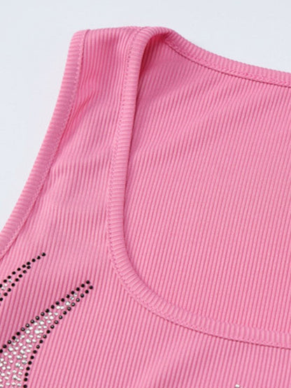 Rhinestone Winged Heart Ribbed Cropped Tank Top
