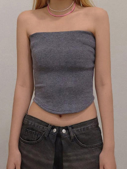 Solid color slim fit collar Bandeau Tops