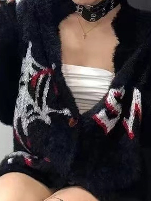 Spider Web Print Fuzzy Loose Cardigan