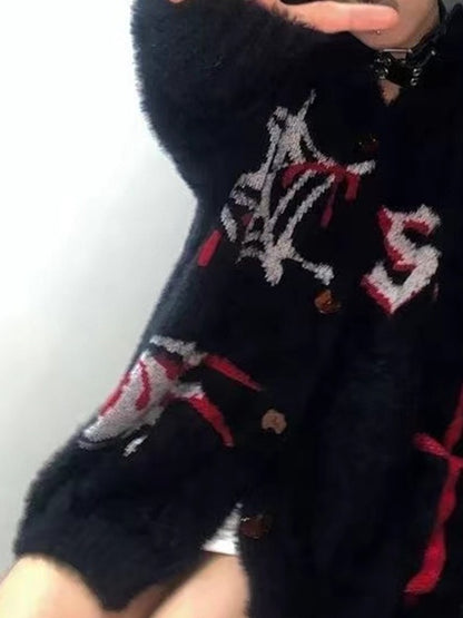 Spider Web Print Fuzzy Loose Cardigan