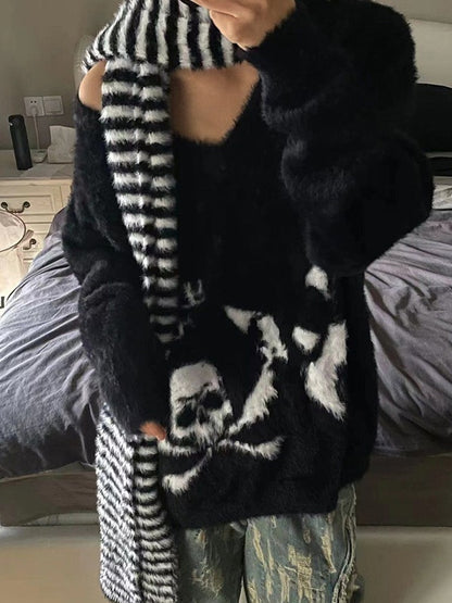 Skull Print V Neck Loose Sweater