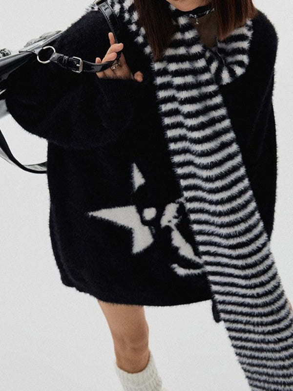 Skull Print V Neck Loose Sweater