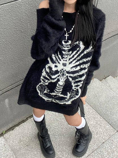 Skeleton Print Off Shoulder Loose Sweater