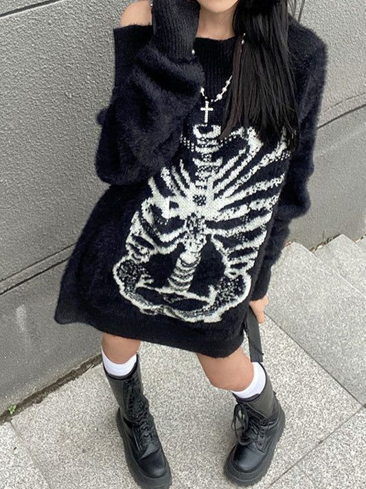 Skeleton Print Off Shoulder Loose Sweater