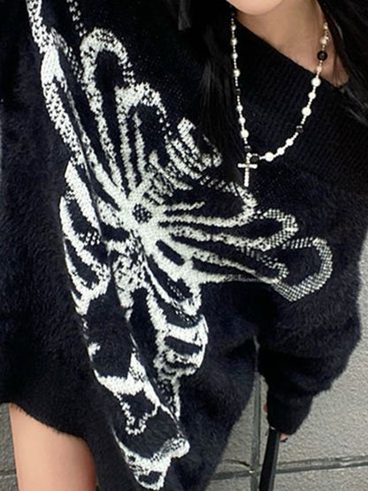 Skeleton Print Off Shoulder Loose Sweater