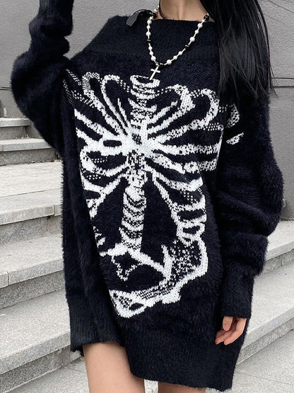 Skeleton Print Off Shoulder Loose Sweater