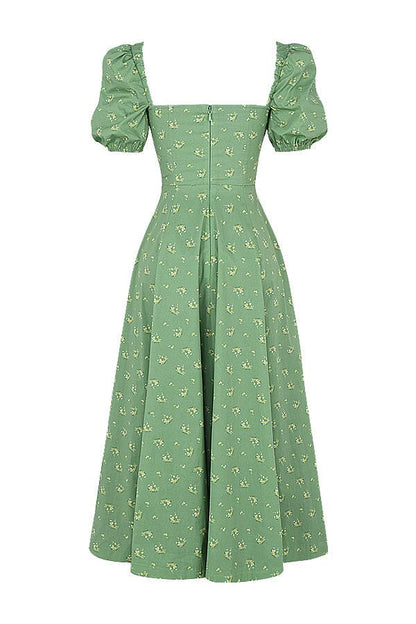 Vintage Floral Puff Sleeve Midi Dress in Green