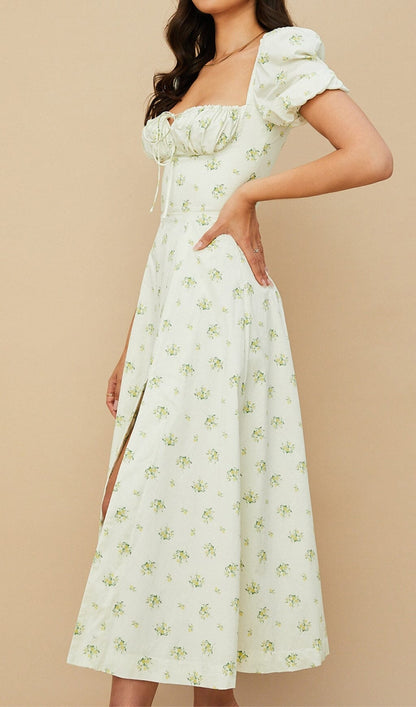 Vintage Floral Puff Sleeve Midi Dress in White