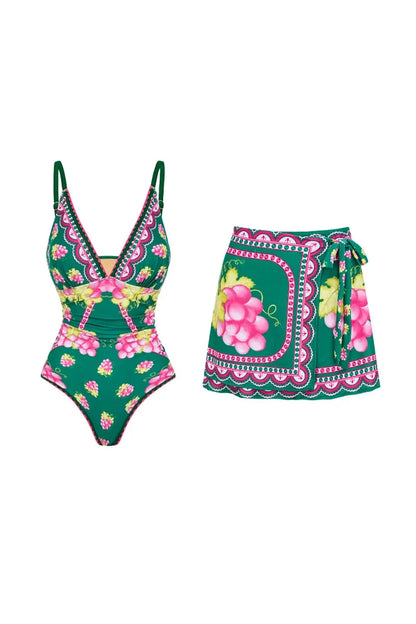 Conjunto de traje de baño con falda y tirantes finos en V profundo