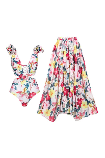 3D Floral Cutout Swimsuit One Piece Set