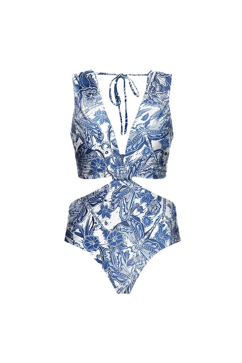 Conjunto de traje de baño con falda y escote en V con abertura de libélula