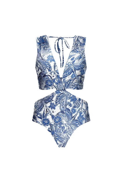 Conjunto de traje de baño con falda y escote en V con abertura de libélula