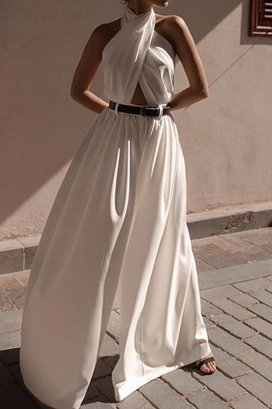 Valri Solid White Criss Cross Halter Backless Jumpsuit Without Belt