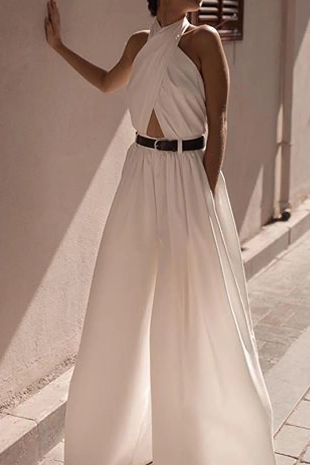 Valri Solid White Criss Cross Halter Backless Jumpsuit Without Belt