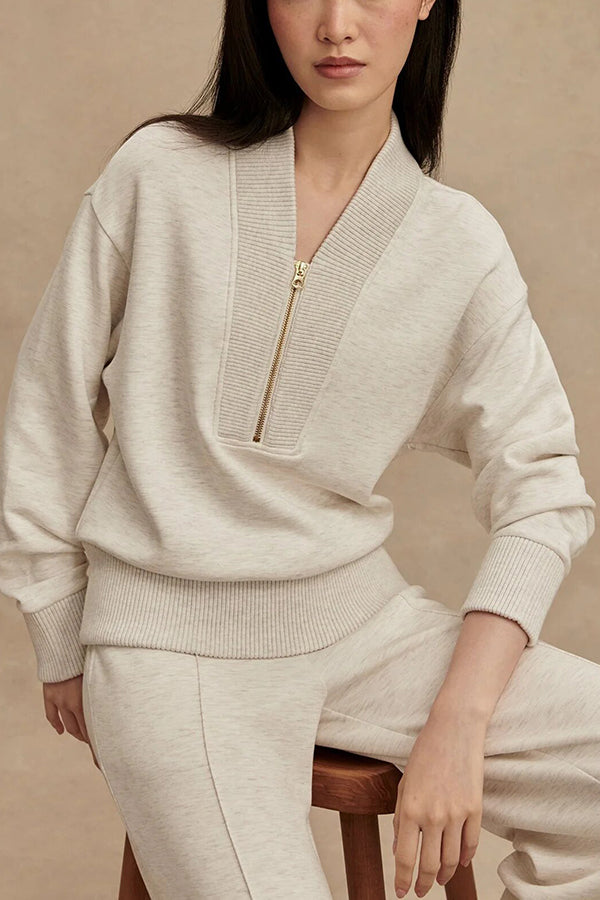 Meet The Autumn Ribbed Zipper Neck Sweatshirt and Elastic Waist Pocketed Loose Pants Set