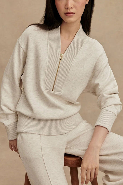 Meet The Autumn Ribbed Zipper Neck Sweatshirt and Elastic Waist Pocketed Loose Pants Set