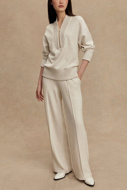 Meet The Autumn Ribbed Zipper Neck Sweatshirt and Elastic Waist Pocketed Loose Pants Set