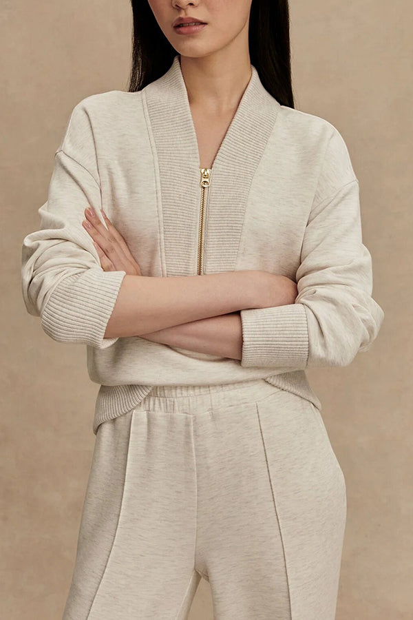 Meet The Autumn Ribbed Zipper Neck Sweatshirt and Elastic Waist Pocketed Loose Pants Set