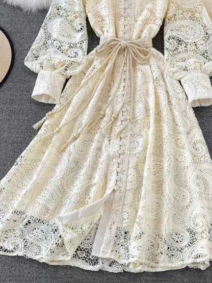 Vintage Court Style Lace Dress Women Elegant Hollowed Out Lantern Long Sleeve Slim Party Dresses Ladies Beige Black Long Robe