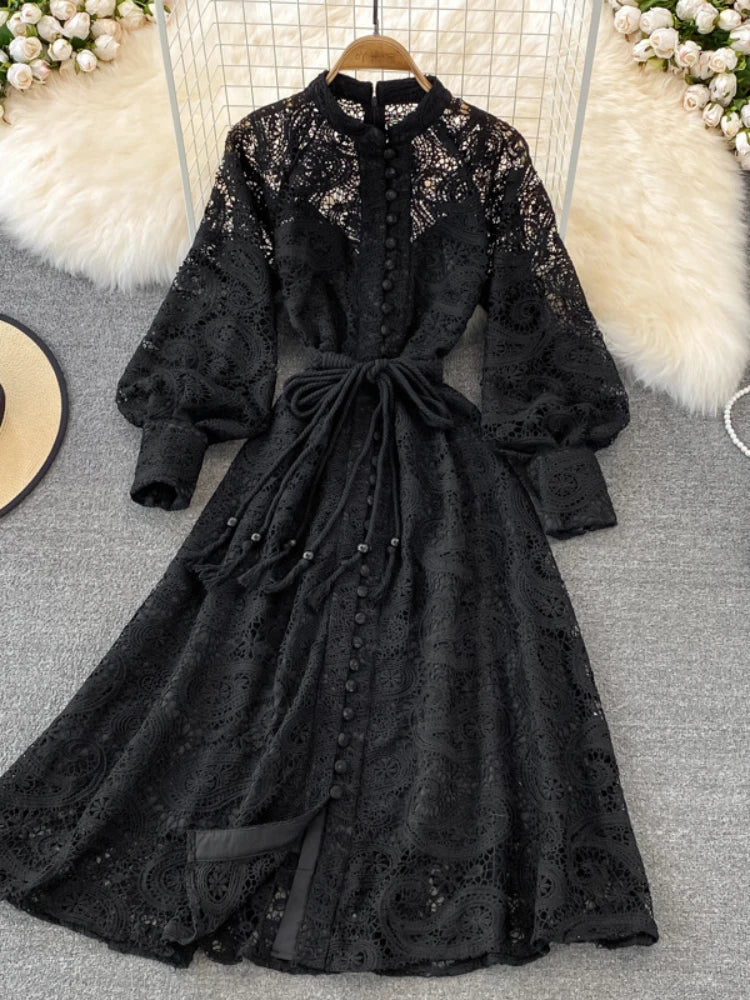 Vintage Court Style Lace Dress Women Elegant Hollowed Out Lantern Long Sleeve Slim Party Dresses Ladies Beige Black Long Robe