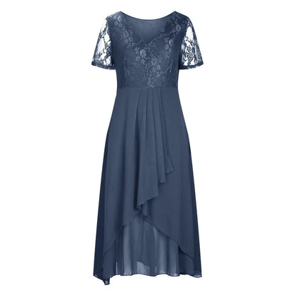 FashionSierra - Vintage Chiffon V Neck Splicing Lace Hollow Pleated Large Swing Summer Women Dress