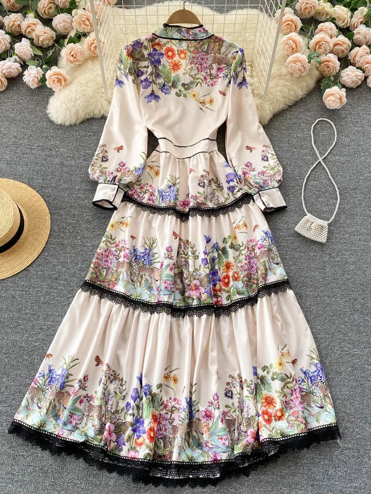 Vintage Elegant Long Dress Women Slim Floral Printed Party Dresses Tie Bow Elastic Waist Lantern Long Sleeve Long Robe Vestidos