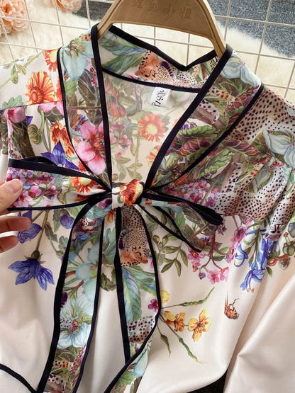 Vintage Elegant Long Dress Women Slim Floral Printed Party Dresses Tie Bow Elastic Waist Lantern Long Sleeve Long Robe Vestidos