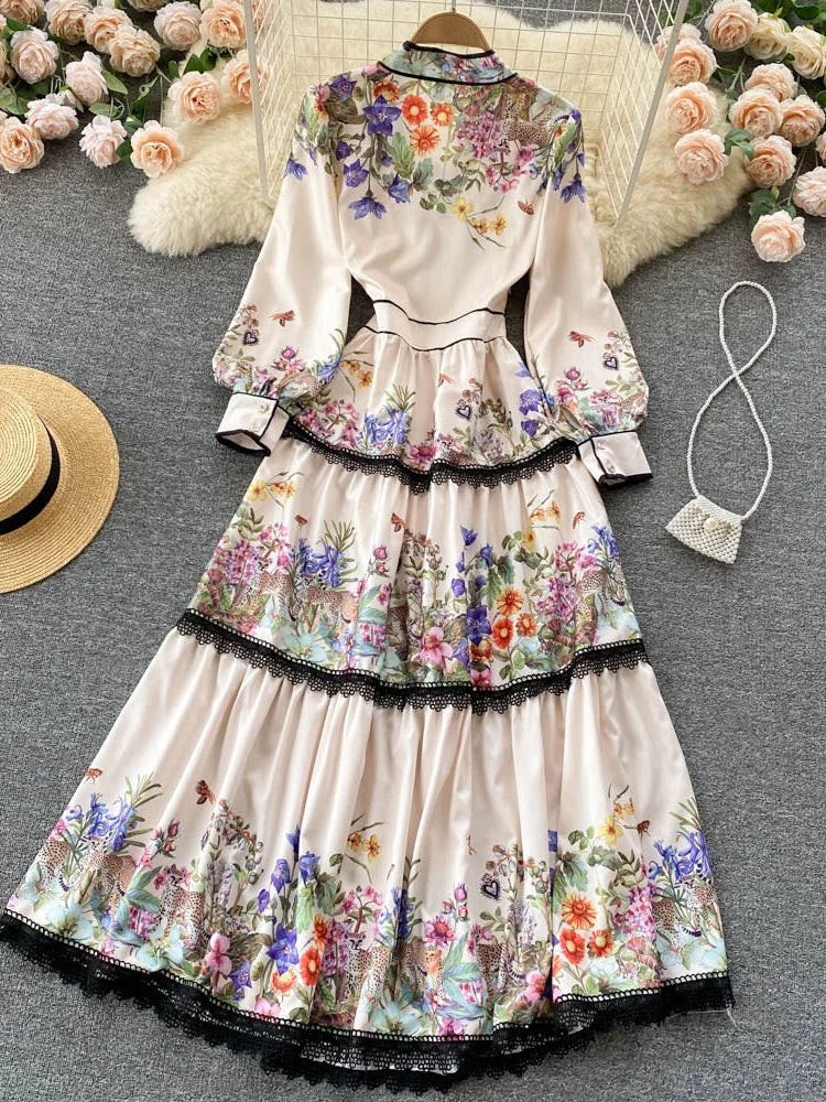 Vintage Elegant Long Dress Women Slim Floral Printed Party Dresses Tie Bow Elastic Waist Lantern Long Sleeve Long Robe Vestidos