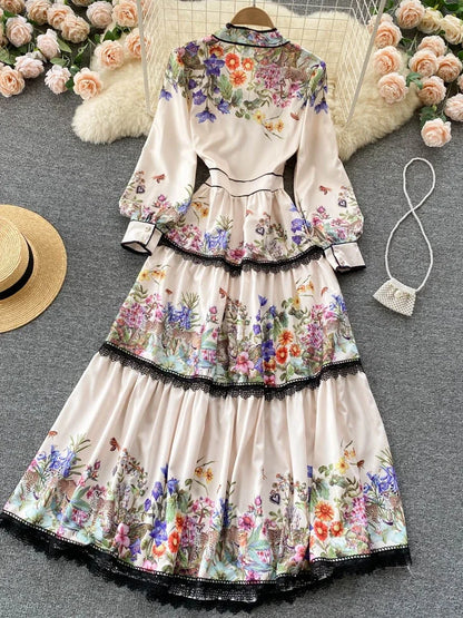 Vintage Elegant Long Dress Women Slim Floral Printed Party Dresses Tie Bow Elastic Waist Lantern Long Sleeve Long Robe Vestidos