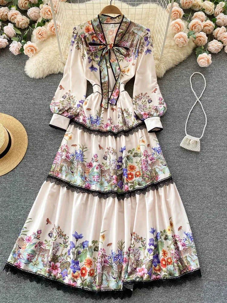 Vintage Elegant Long Dress Women Slim Floral Printed Party Dresses Tie Bow Elastic Waist Lantern Long Sleeve Long Robe Vestidos