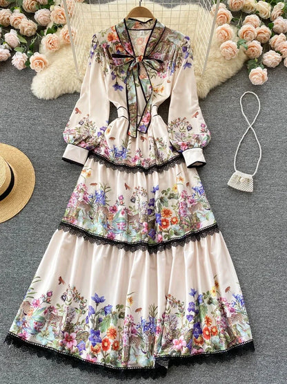 Vintage Elegant Long Dress Women Slim Floral Printed Party Dresses Tie Bow Elastic Waist Lantern Long Sleeve Long Robe Vestidos