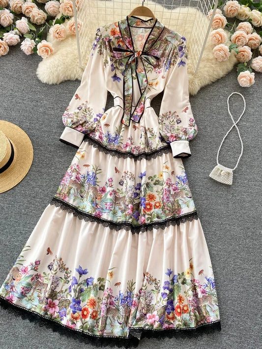 Vintage Elegant Long Dress Women Slim Floral Printed Party Dresses Tie Bow Elastic Waist Lantern Long Sleeve Long Robe Vestidos