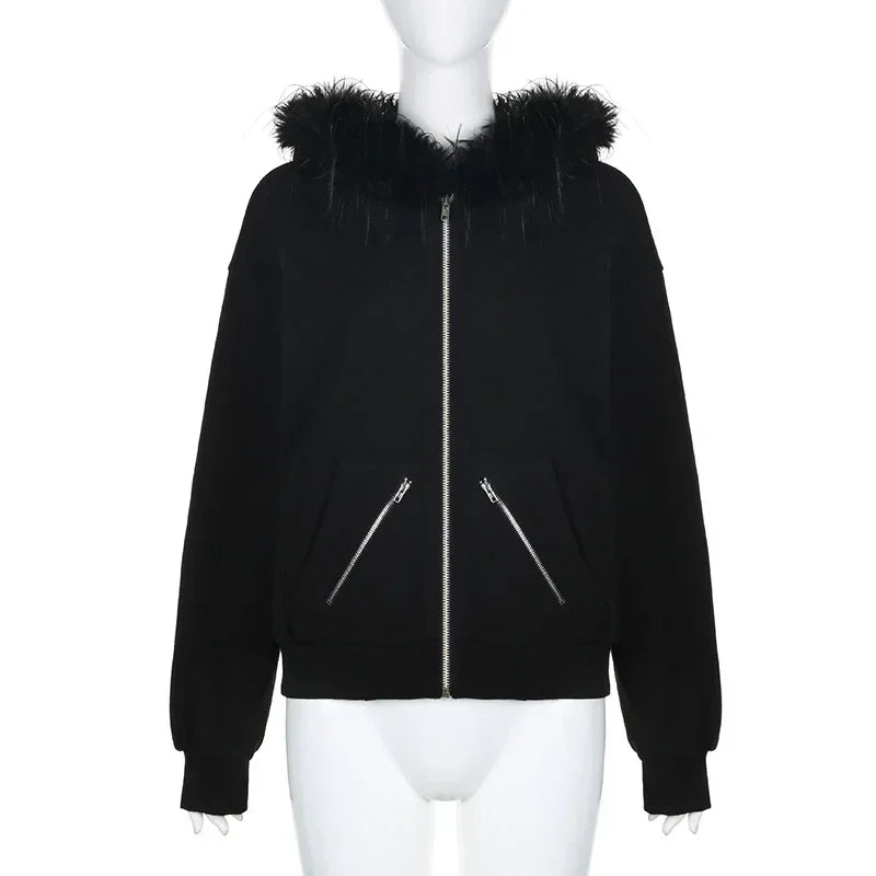 Gothic Graphic Print Rhinestones Zip Up Streetwear Hip Hop Hoodie