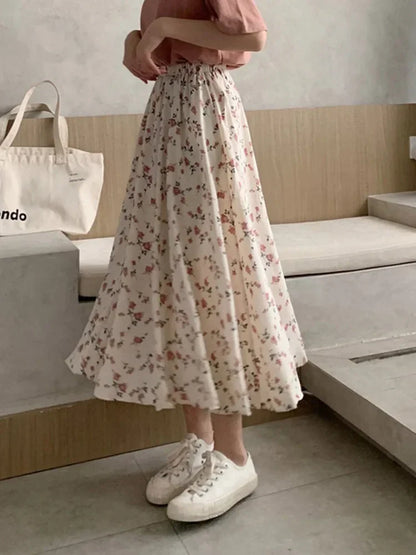 Vintage A-line Pleated Drawstring Elastic Waist Midi Skirt