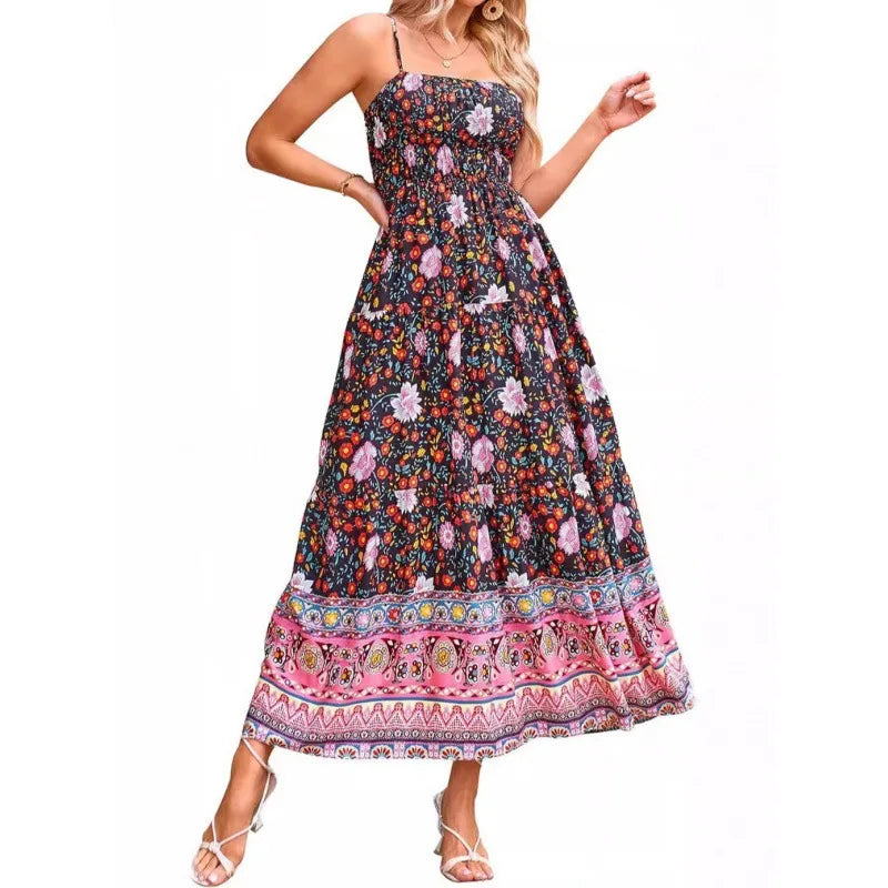 Vintage Flower Print Spaghetti Strap Dresses Women Fashion Trendy Bohemian Beach Vacation Long Dress Female Summer New Vestidos