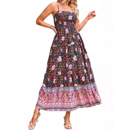Vintage Flower Print Spaghetti Strap Dresses Women Fashion Trendy Bohemian Beach Vacation Long Dress Female Summer New Vestidos