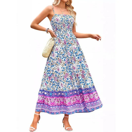 Vintage Flower Print Spaghetti Strap Dresses Women Fashion Trendy Bohemian Beach Vacation Long Dress Female Summer New Vestidos