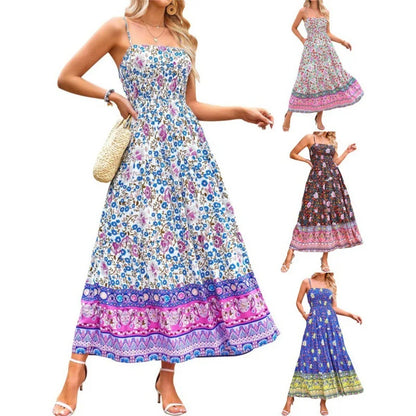 Vintage Flower Print Spaghetti Strap Dresses Women Fashion Trendy Bohemian Beach Vacation Long Dress Female Summer New Vestidos
