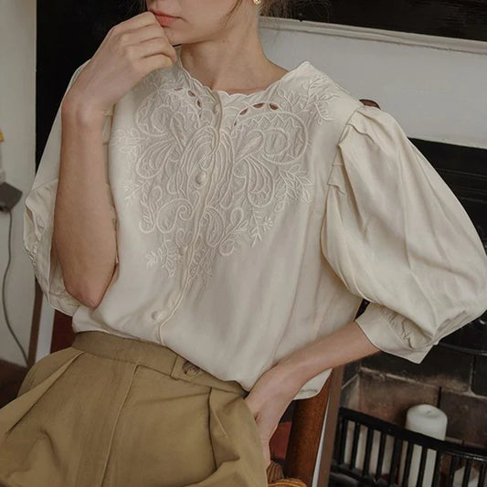 Vintage French Business Summer Fashion Lantern Sleeve Round Neck Office Lady Embroidered Blouse