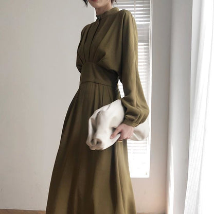 DressBetty - Vintage Long Sleeve Elegant Autumn Bodycon Dress Slimming Pleated Stand Collar Midi Dress
