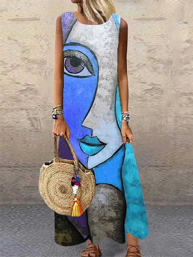 Vintage Print Sleeveless Long Dresses Women Fashion Summer O Neck Loose Maxi Dress Temperament Commuting Clothing Vestido Female