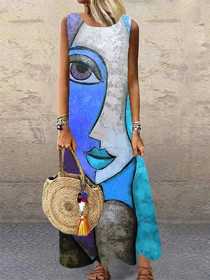 Vintage Print Sleeveless Long Dresses Women Fashion Summer O Neck Loose Maxi Dress Temperament Commuting Clothing Vestido Female