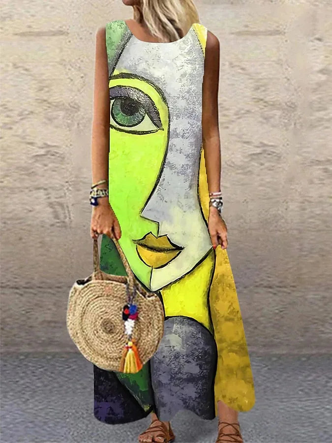 Vintage Print Sleeveless Long Dresses Women Fashion Summer O Neck Loose Maxi Dress Temperament Commuting Clothing Vestido Female