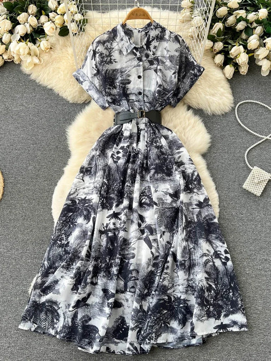 Vintage Tie Dye Print Shirt Dress Women Elegant Summer High Waist Slim A Line Printed Chiffon Long Robe Ladies Casual Long Robe