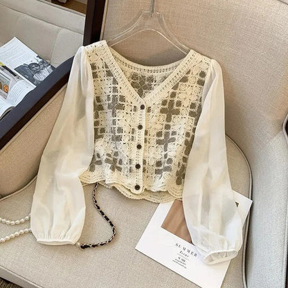 Blusa clásica corta con mangas abullonadas y bordado para mujer | Ideal para primavera/verano