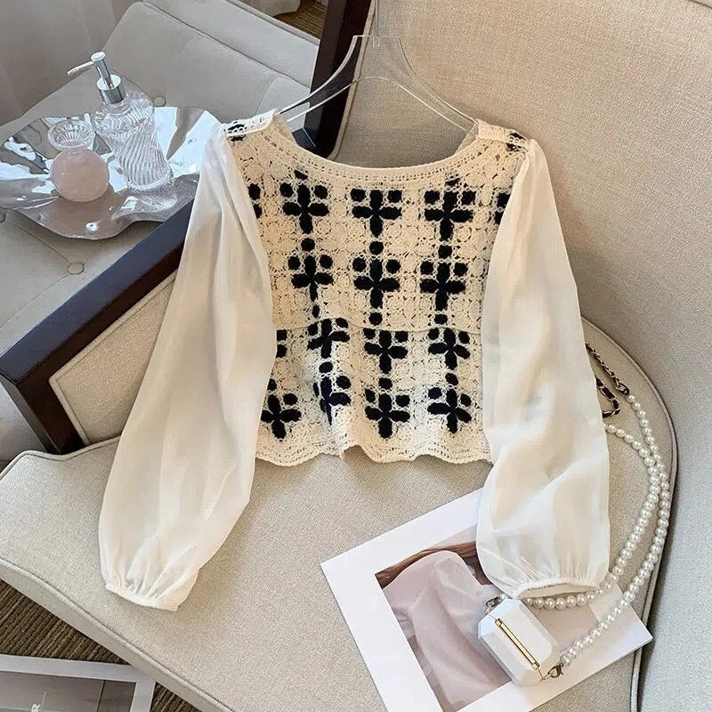 Blusa clásica corta con mangas abullonadas y bordado para mujer | Ideal para primavera/verano