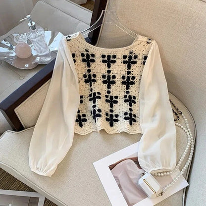 Blusa clásica corta con mangas abullonadas y bordado para mujer | Ideal para primavera/verano