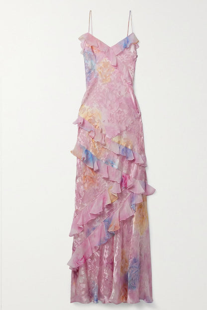 Burn-Out Ruffle Backless Maxi Dress